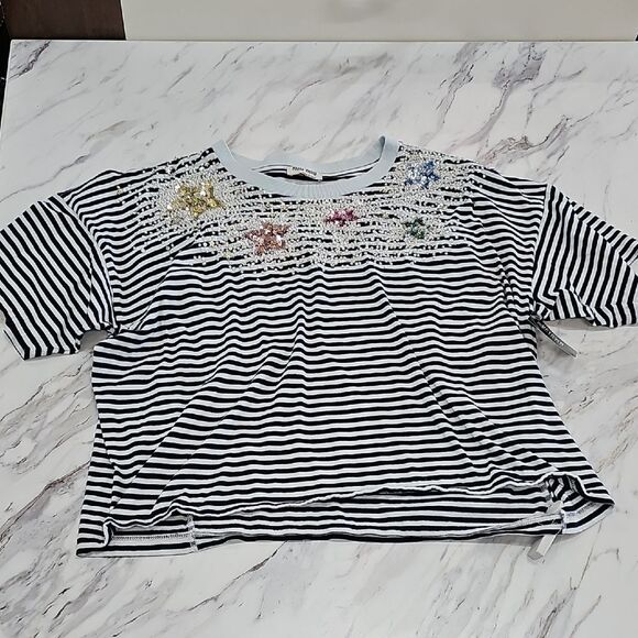 Miu Miu Black and White Striped Tee with Colorful Embellishments - Picture 1 of 6
